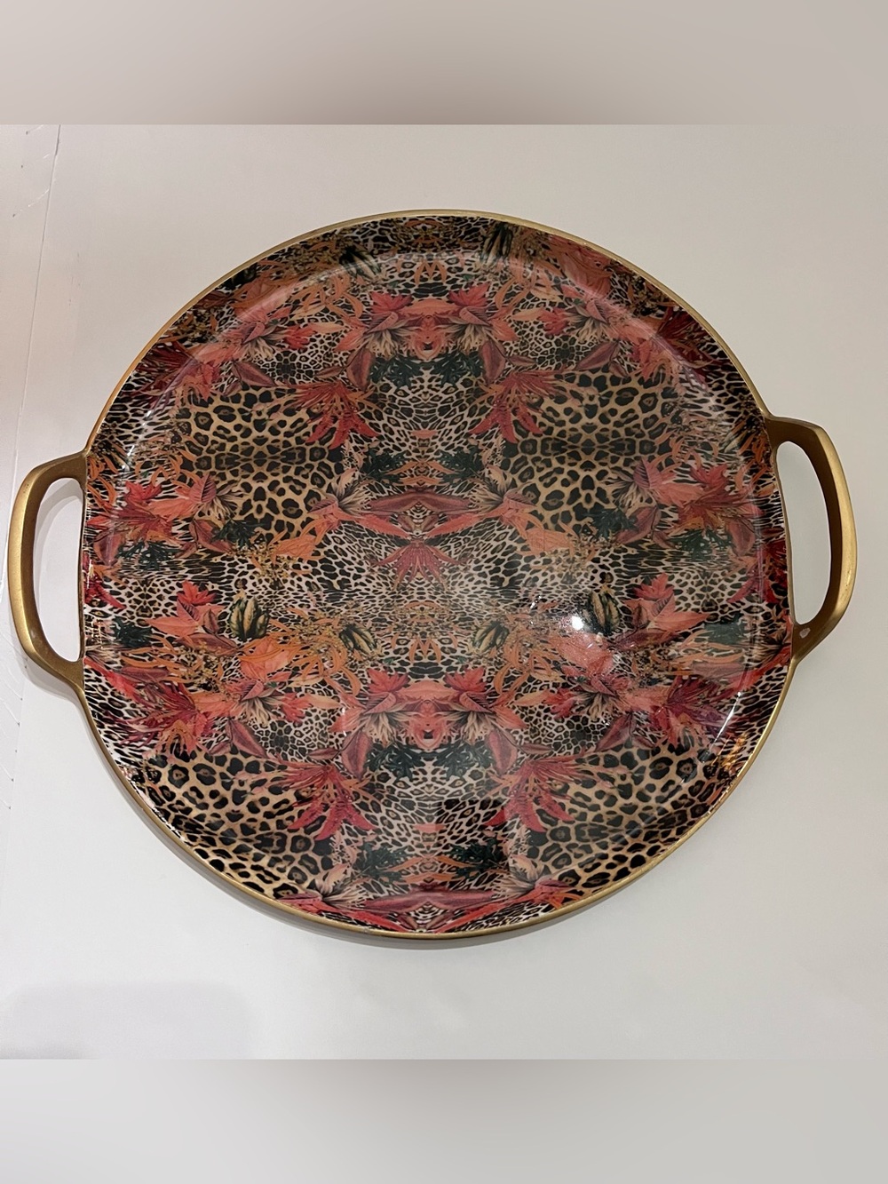 15” Leopard Botanical Decorative Tray Gold Handles Maximalist Boho India